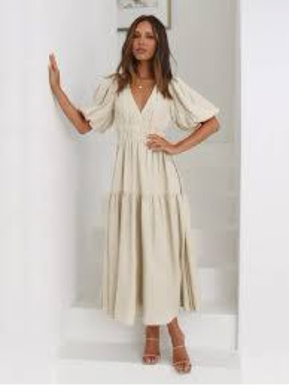Smocked V-Neck Cream Tiered Maxi Dress